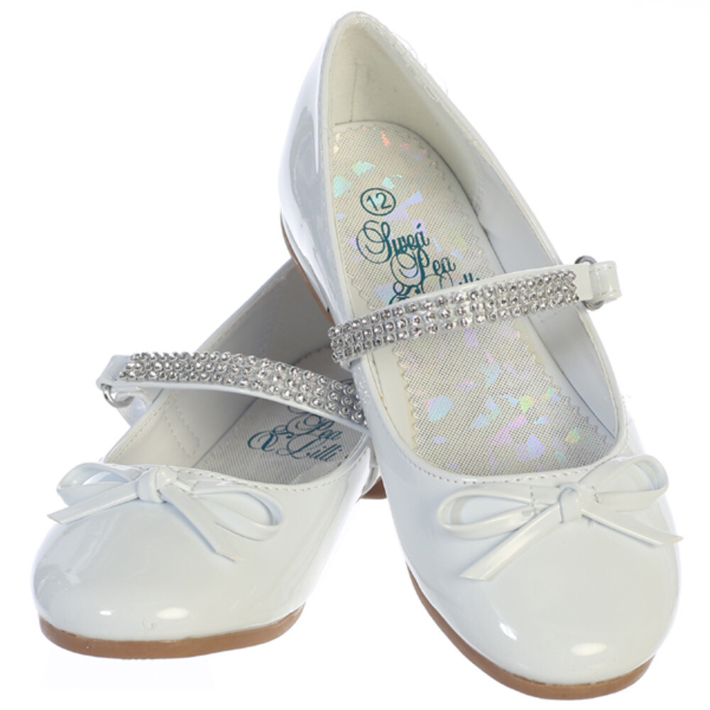 Kids/Toddler NEW Girl's Dress Shoe White/Patent Flat Rhinestone Strap wedding