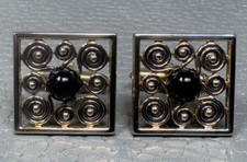 Vintage Scroll Pattern Onyx Center Yellow Gold Plated Cuff Links by Swank