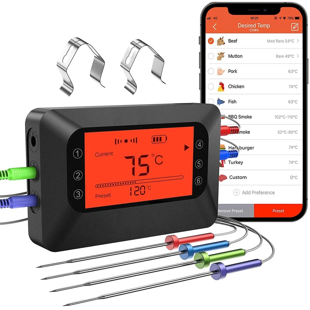 Meat Thermometer Digital Wireless Smoker Thermometer With 4 Colored Probes Bluet