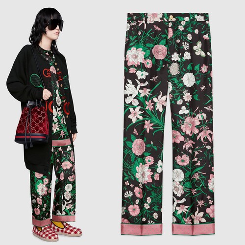 GUCCI PANTS SILK TWILL FLORA PRINT 