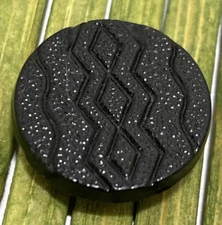Antique Jet Black Glass Button Flat Face Zig Zag Etched Tunnel Shank 5/8"