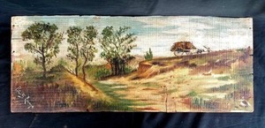 Primitive Oil Painting On Wood Barn Board Landscape Farm Ox Cart