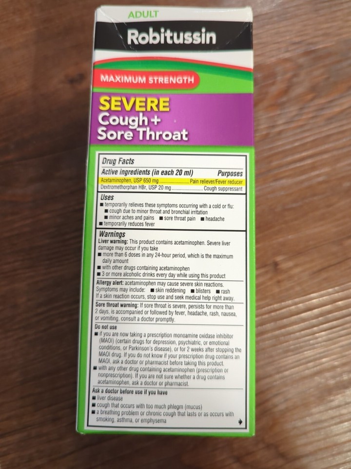 Robitussin Maximum Strength Severe Cough Sore Throat Relief Syrup 4oz