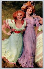Postcard Two Young Ladies Sisters In Pretty Dresses  44H
