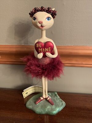 Ballerina Kitty Cat Wearing Red Feather Tutu with Be Mine Heart Tall Figurine