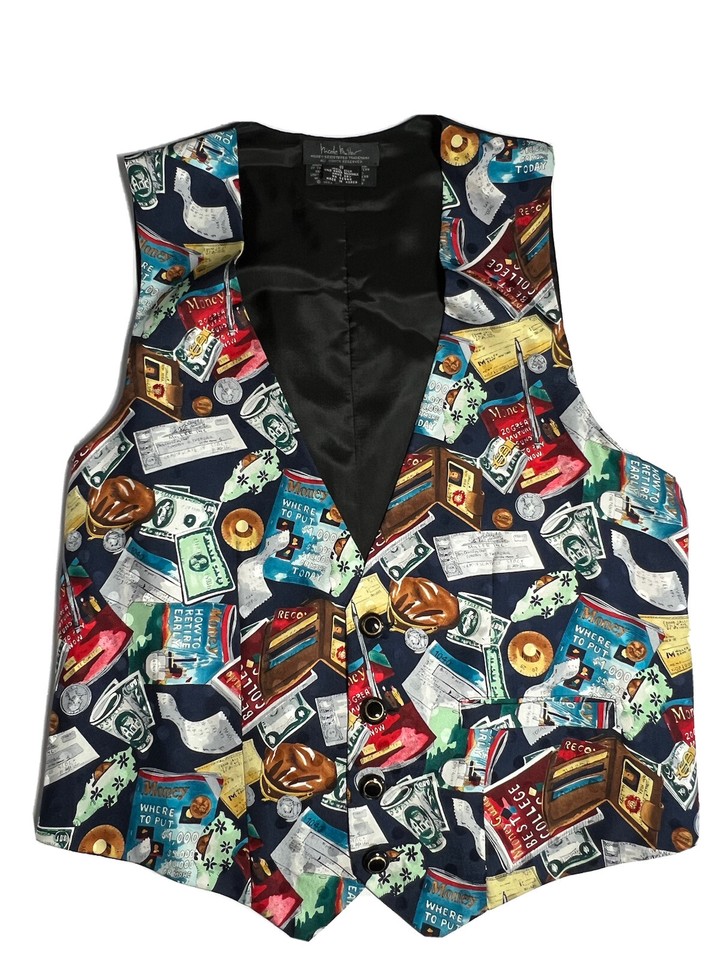 A genuine 1993 Nicole Miller silk vest printed with cash and credit cards — wearable art from the queen of novelty print fashion.