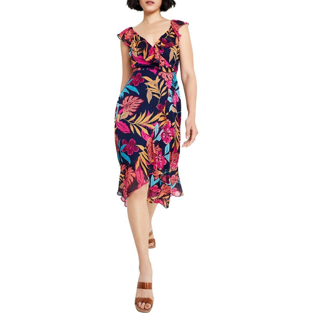 Kensie Dresses Женское темно-синее миди-платье миди с оборками и цветочным принтом 4 BHFO 8596