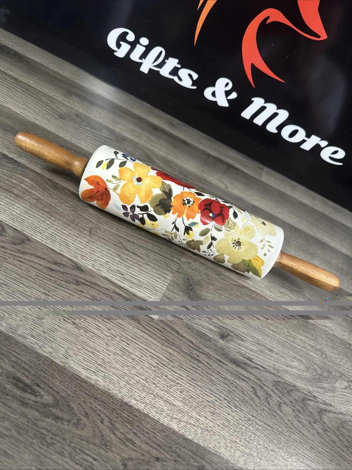 Pioneer Woman Timeless Fall Floral Ceramic Rolling Pin Acacia Wood Handles