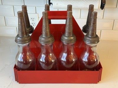Lot 8 Master MFG Co Litchfield Metal Oil Spouts & Glass Quart Jars w/ Caddy NICE