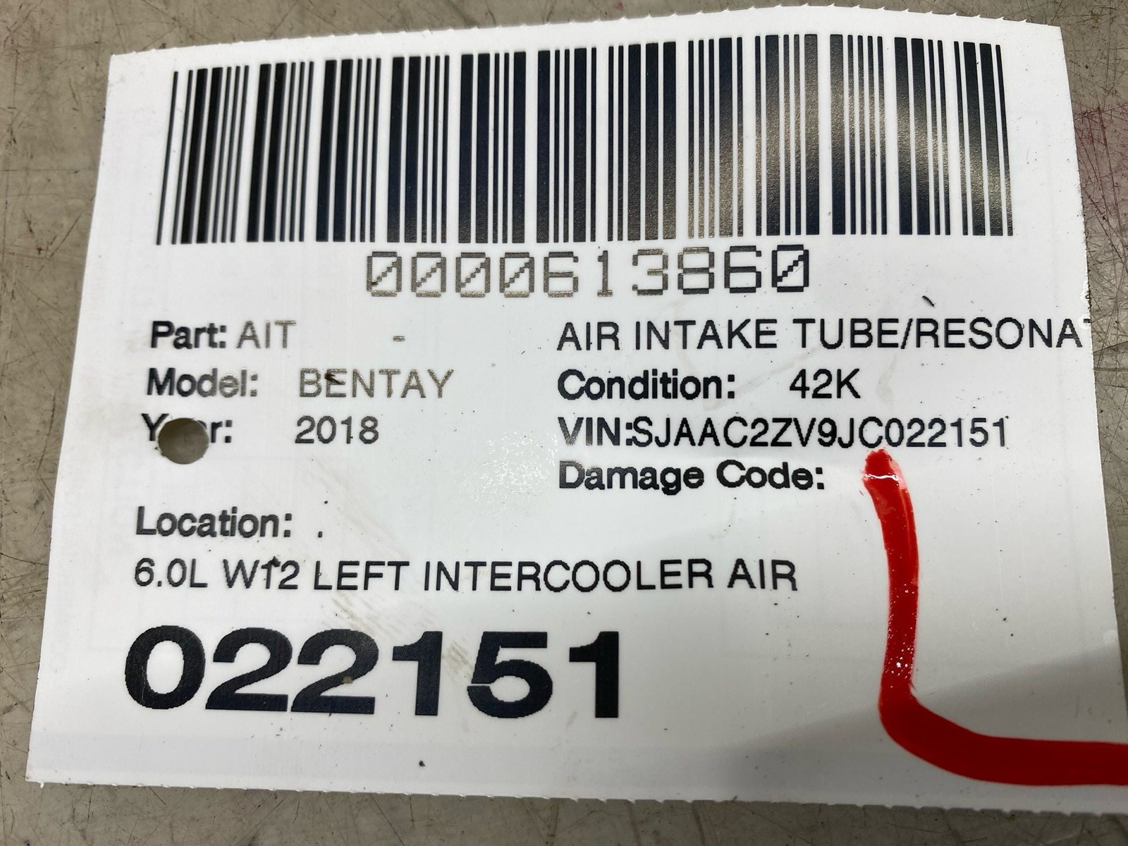 2016-2020 BENTLEY BENTAYGA OEM 6L W12 LEFT INTERCOOLER AIR INLET OUTLET HOSE SET