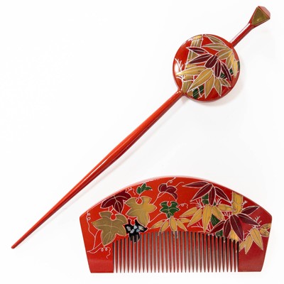 VTG Japanese Kanzashi Hair Ornament 2-Pcs Set Red Lacquered Tsuge Boxwood