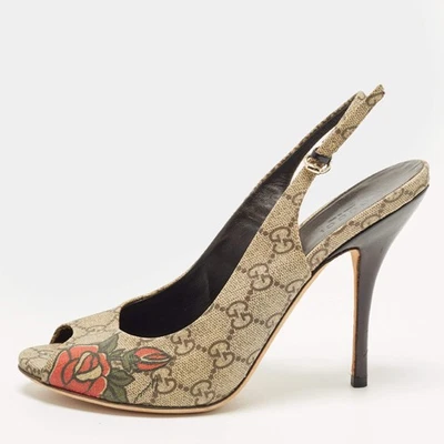 Escarpins à bout ouvert Gucci taille 39,5 marron GG en toile - Photo 1/4