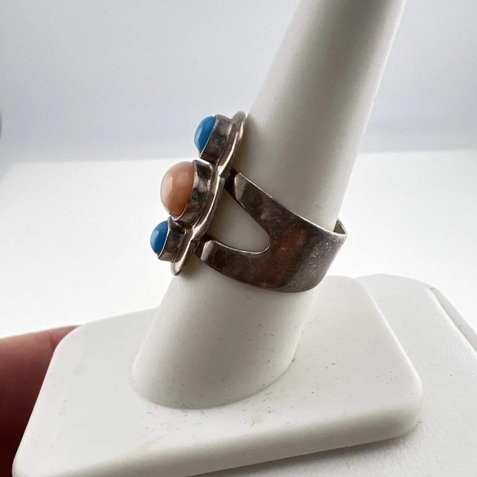 Jay King 绿松石戒指 珊瑚纯银 925 尺寸 7.25 Cabochon 蓝色 DTR — 第 4/4 张图片