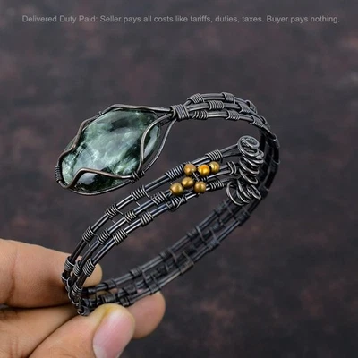 Oval Seraphinite Gemstone Copper New Wire Wrapped Daughter Birthday Cuff Jewelry - Image 1 of 4