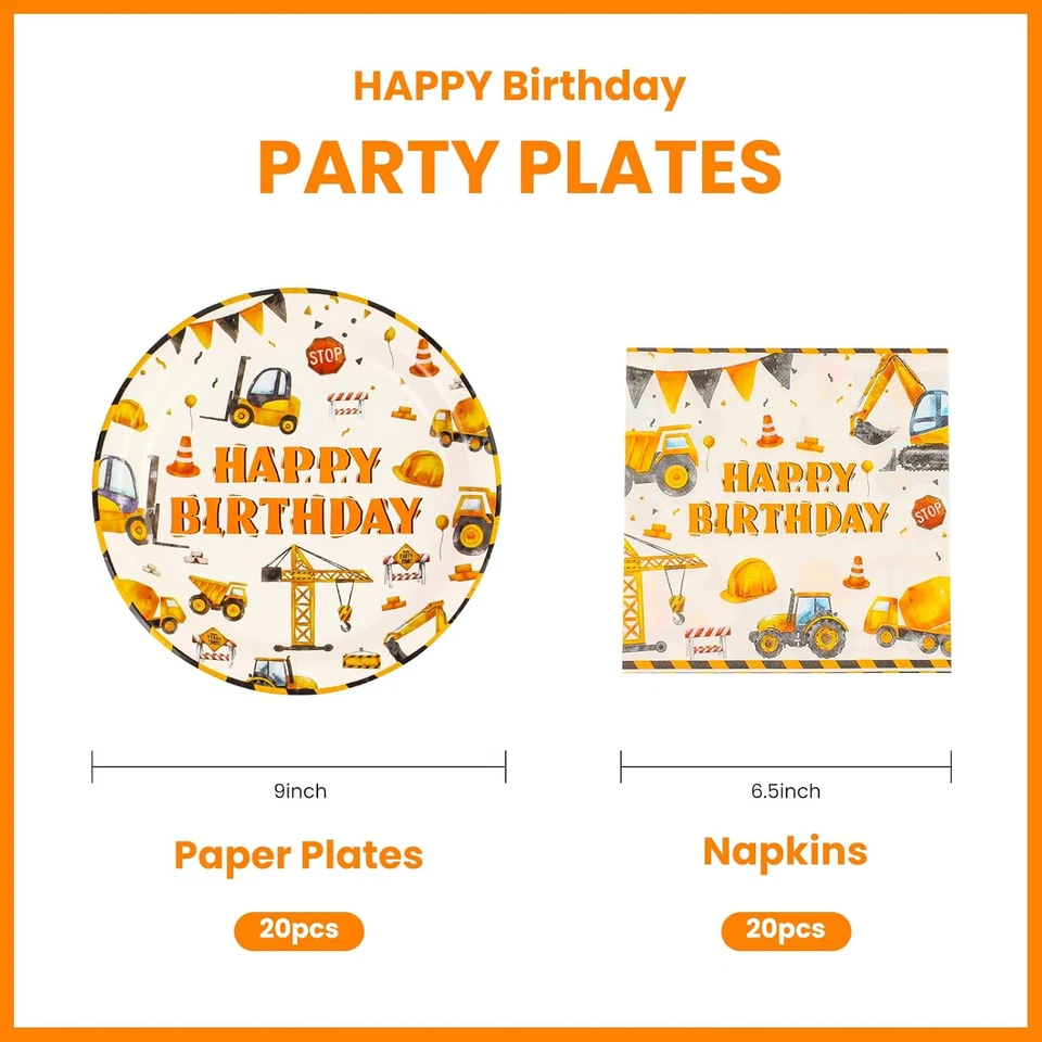 40 PIEZAS Platos de Papel y Servilletas Construcción Feliz Cumpleaños Suministros de Fiesta, Dispo Foto 2 de 4