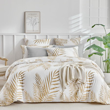 King Duvet Cover Set, White and Gold Tropical Palm Leaf Pattern Comforter Cover