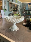 VTG 1940's Westmoreland Glass Milk Glass Fruit Bowl Lace Lattice Edge Pedestal