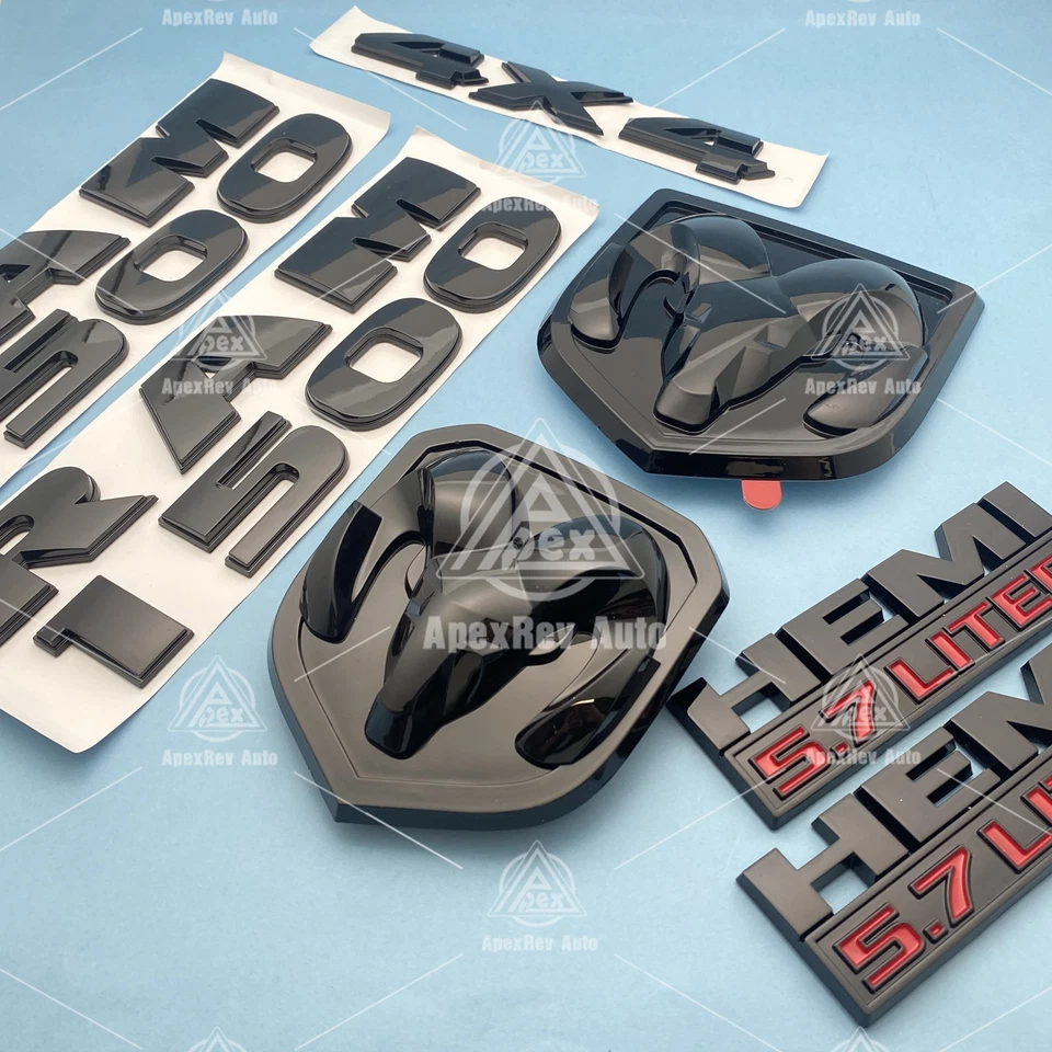 7Pcs Glossy Black Emblems For RAM 1500 Front Rear HEMI 5.7 Liter 4X4 Badges Foto 3 de 4