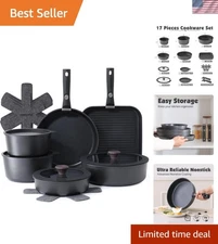 17 Piece Nonstick Cookware Set with Removable Handle Induction Safe Kitchen P...