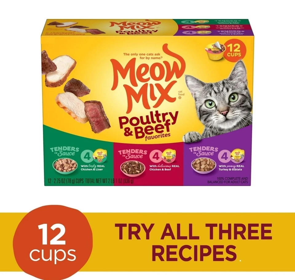 Paquete de variedad de alimentos húmedos para gatos Meow Mix Tenders, aves de corral y carne de res, 12 tazas (2,75 oz) Foto 2 de 4