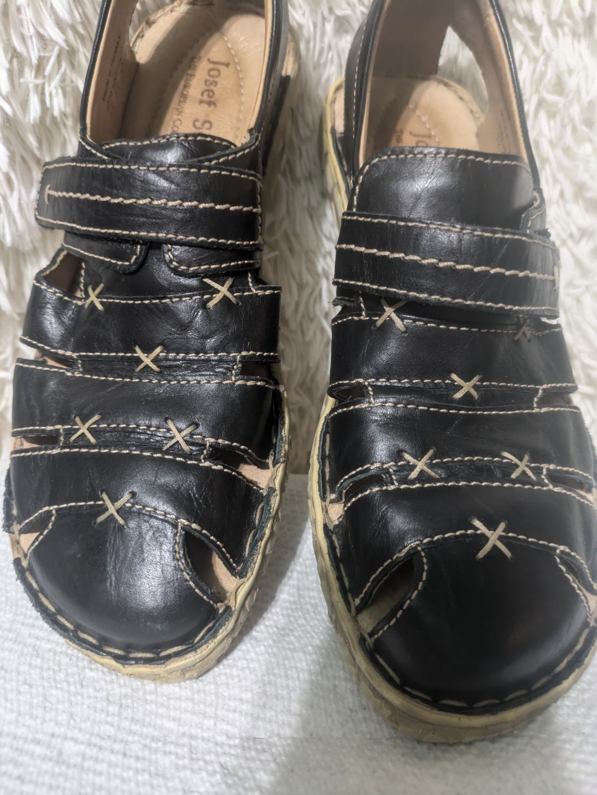 Womens Boho Sandels Josef Seibel Sz 7 Black Leather  Fisherman Shoes Retail$75