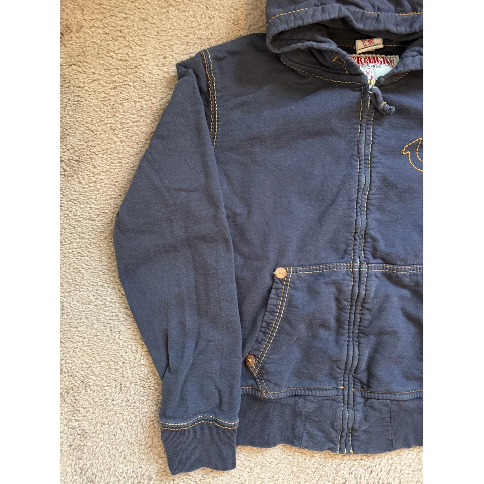 Moletom com capuz True Religion masculino 2XL azul marinho com zíper grande costura T manga longa - Imagem 3 de 4