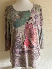Notations XL Watercolor Asian Inspired 3/4 Sleeves Cotton Blend Knit Top Nice