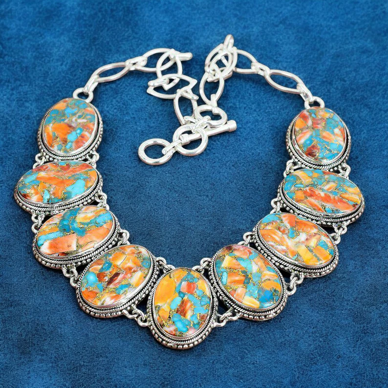 Collar Naranja Espinoso Ostra Turquesa Plata de Ley 925 Boho Joyería Regalo Foto 2 de 4