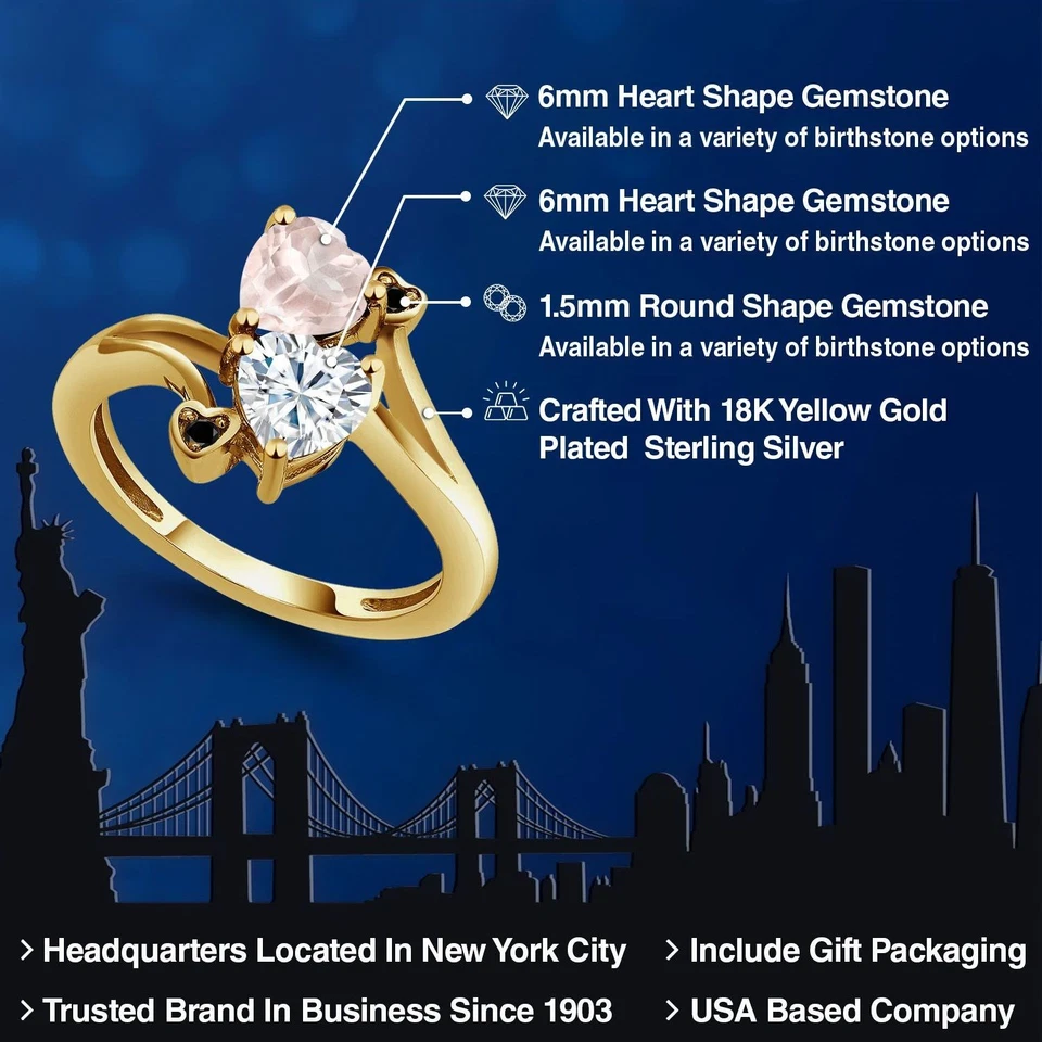 18K Yellow Gold Plated Silver Rose Rose Quartz White Moissanite and Black - Image 2 of 4