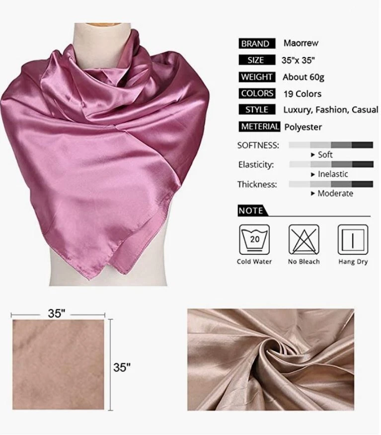 Large Square Satin Scarf Silk Feel Head Neck Wrap Solid Color Scarves Shawl 35" - Image 3 of 4