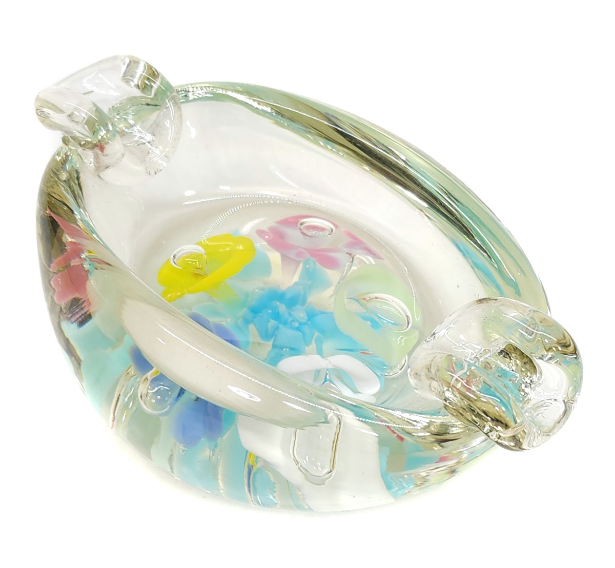 Vintage Handmade Art Glass Ashtray with Encased Glass Flowers