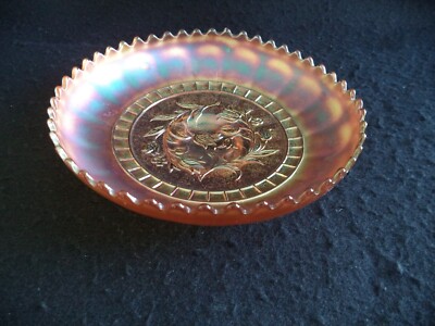 Orange carnival glass footed bowl tulips foliage sawtooth rim 8.25in iridescent