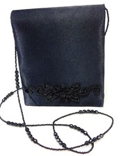 Jessica McClintock Black Satin Floral Beaded Strap Evening Cocktail Small Bag