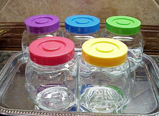 Vintage Glass Storage Jars Containers With Lids 5 Crafts 4" Tall Flat Sides