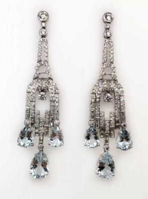 11.12Ct Fine Long Old Mine Cut White CZ & Aquamarine Cluster Chandelier Earrings