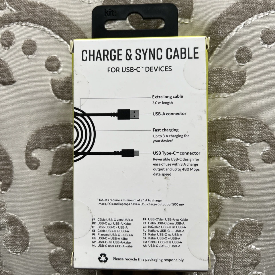 Kit Charge & Sync cable USB-C to USB-A 3m Fast Charger,Black(new & sealed) - Image 2 of 4