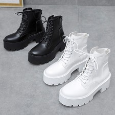 Para mujeres Informales Punta Redonda Tacones Gruesos Con Cordones Botines Motociclista Plataforma Zapatos