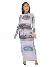 Money Print Long Sleeve Mesh Dress
