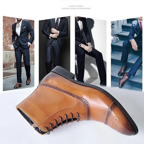 New Men Dress Formal Boots Chelsea Boots Boot Leather Wingtip High Top Shoes UK - Picture 1 of 25