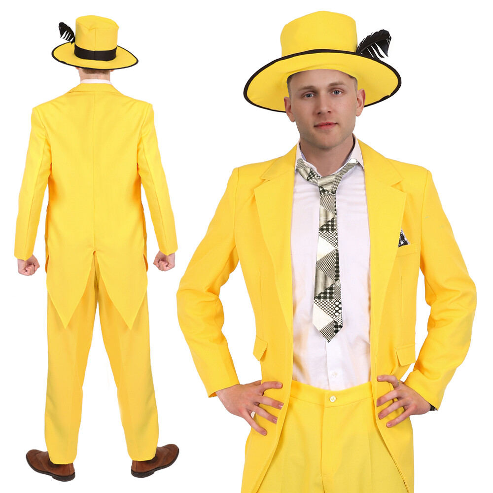 YELLOW SUIT WITH HAT TIE MASK 90'S FILM MOVIE HALLOWEEN MENS PARTY