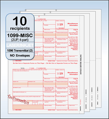 2021 IRS Tax Form 1099-MISC Laser 10 recipients+(2)1096 #MISCS405, 4pt NO Env