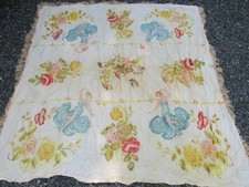 Vintage Silk Fringed piano scarf shawl woman figure  birds 80"x85"