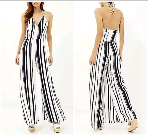River Island Navy Stripe Wide Leg Jumpsuit Size 14