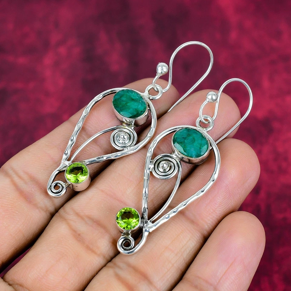 Lab-Created Emerald & Peridot Gemstones Handmade 925 Silver Jewelry Earrings - Image 3 of 4