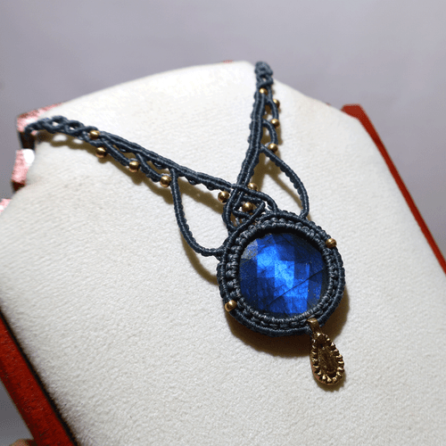 Collar Gargantilla Macramé Hecho a Mano Azul Fuego Labradorita Natural Aurora ~ - Imagen 3 de 10
