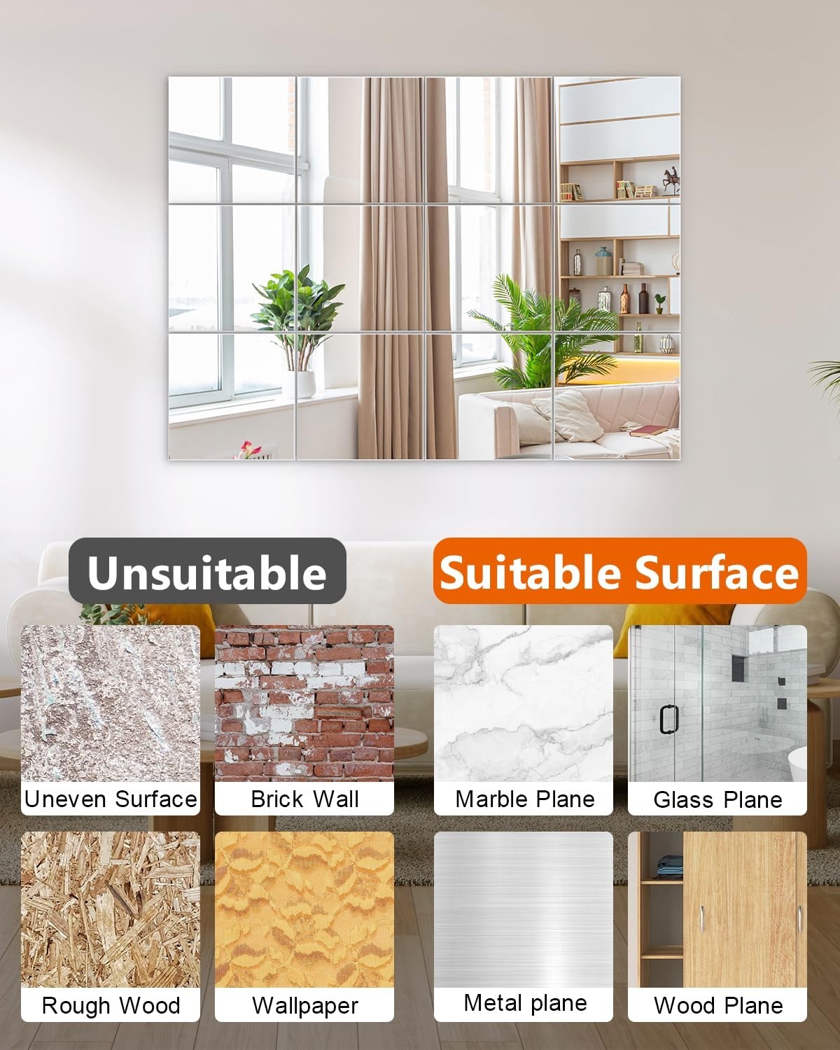 12Pack 12x12 Inch Acrylic Flexible Mirror Sheets Self-Adhesive Mirror Wall Tiles