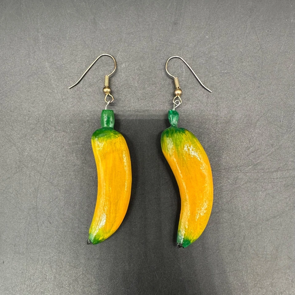 Banana Earrings Wooden Tropical Fruit Dangle Drop Yellow Kitschy Funky Beach - Image 3 of 4