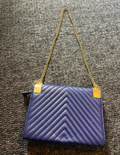Blue Leather Quilted Chevron Shoulder Bag Gold Chain Strap Zip Small Rectangle