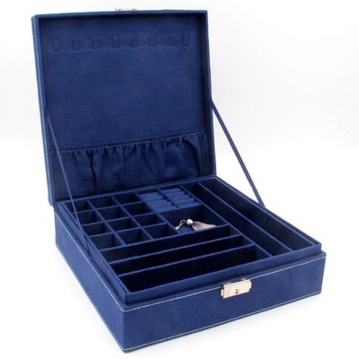 Jewelry Box Organizer Two Layer Storage Display Case Lock Deep Blue KC-0823
