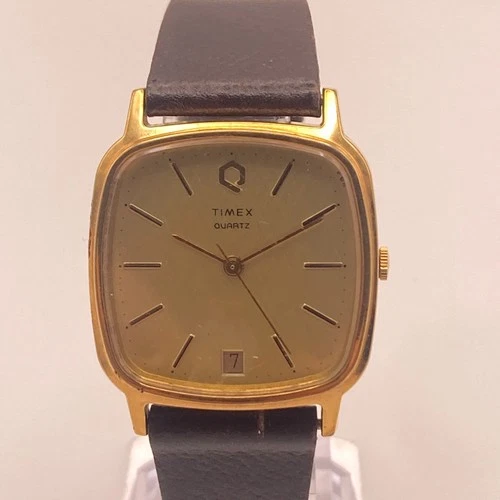Vintage Timex Q Mens Watch 32mm Gold Tone Date Linen Dial Brown New Battery 8.5"